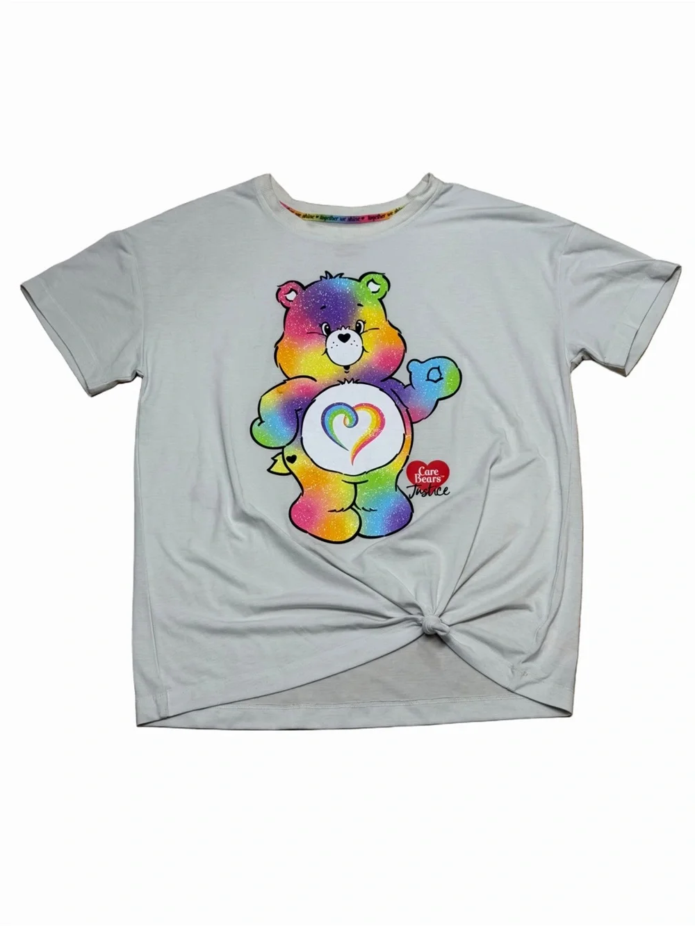 Care Bears x Justice Girls XL Plus 16P 18P Rainbow Glitter Tie Front Tee